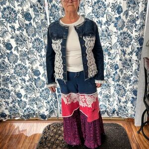 Denim Jean Jacket with White Lace Trim - Women's Blue Jean Jacket